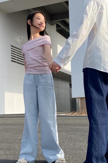 Zara 細腰帶 WIDE LEG 寬管牛仔褲 - 淡藍色