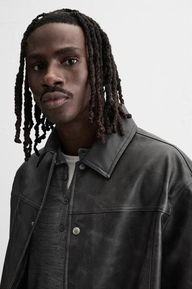 FADED LEATHER EFFECT JACKET - Black / Green by Zara - Image 5