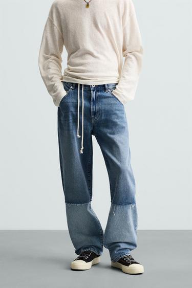 Zara PATCHWORK RELAXED FIT JEANS - Mid-blue
