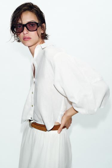 CHEMISE À MANCHES BOUFFANTES EN LIN - Blanc de Zara - Image 3
