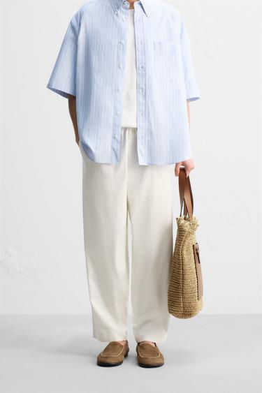 Zara 棉質-亞麻休閒版長褲 - 磨白色