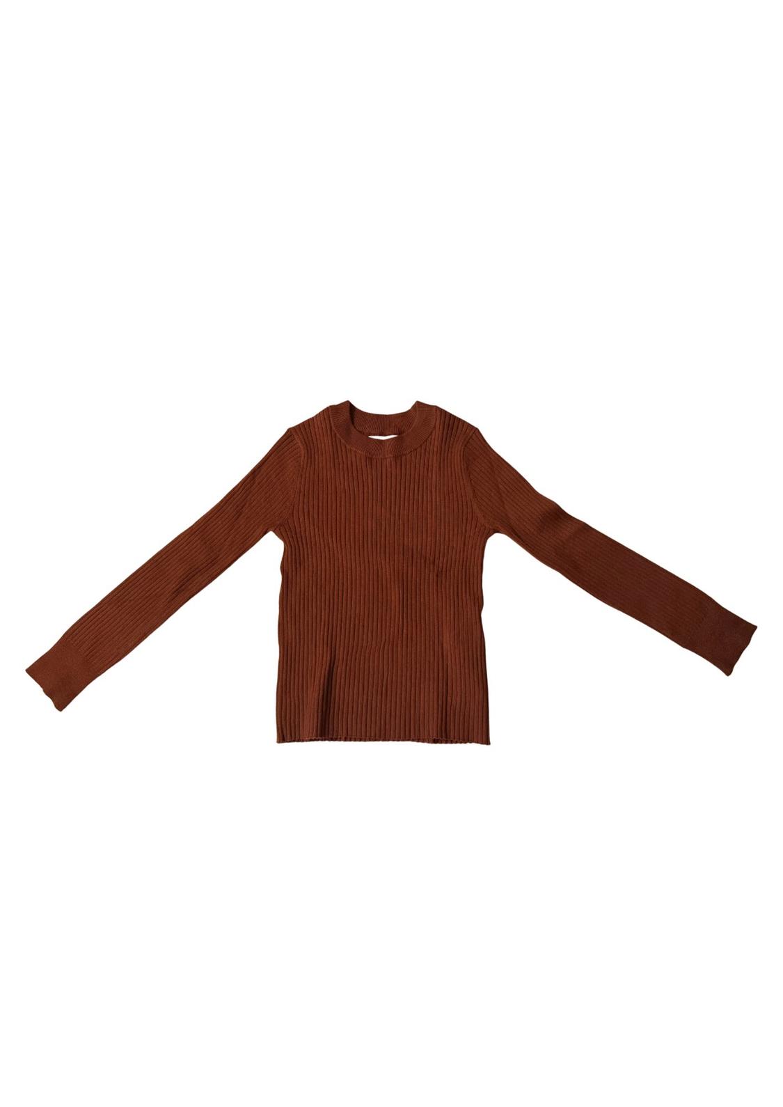 Brown ribbed knit jumper with long sleeves and a crew neck, on a white background.