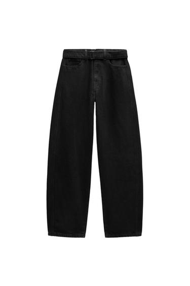 Front view of black pants with front pockets and belt loops.