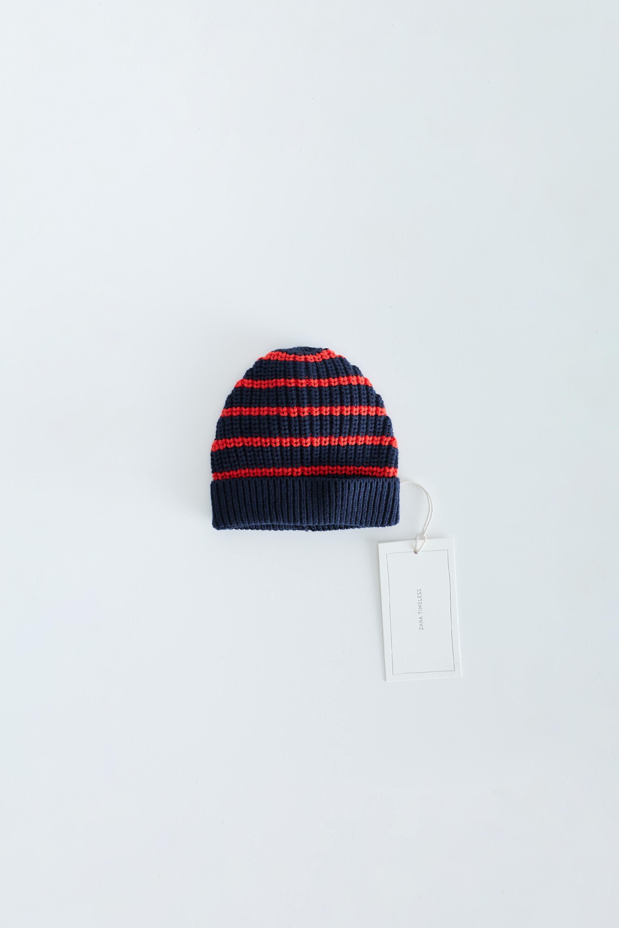 ZARA TIMELESS - STRIPED COTTON AND WOOL BEANIE — Red / Navy