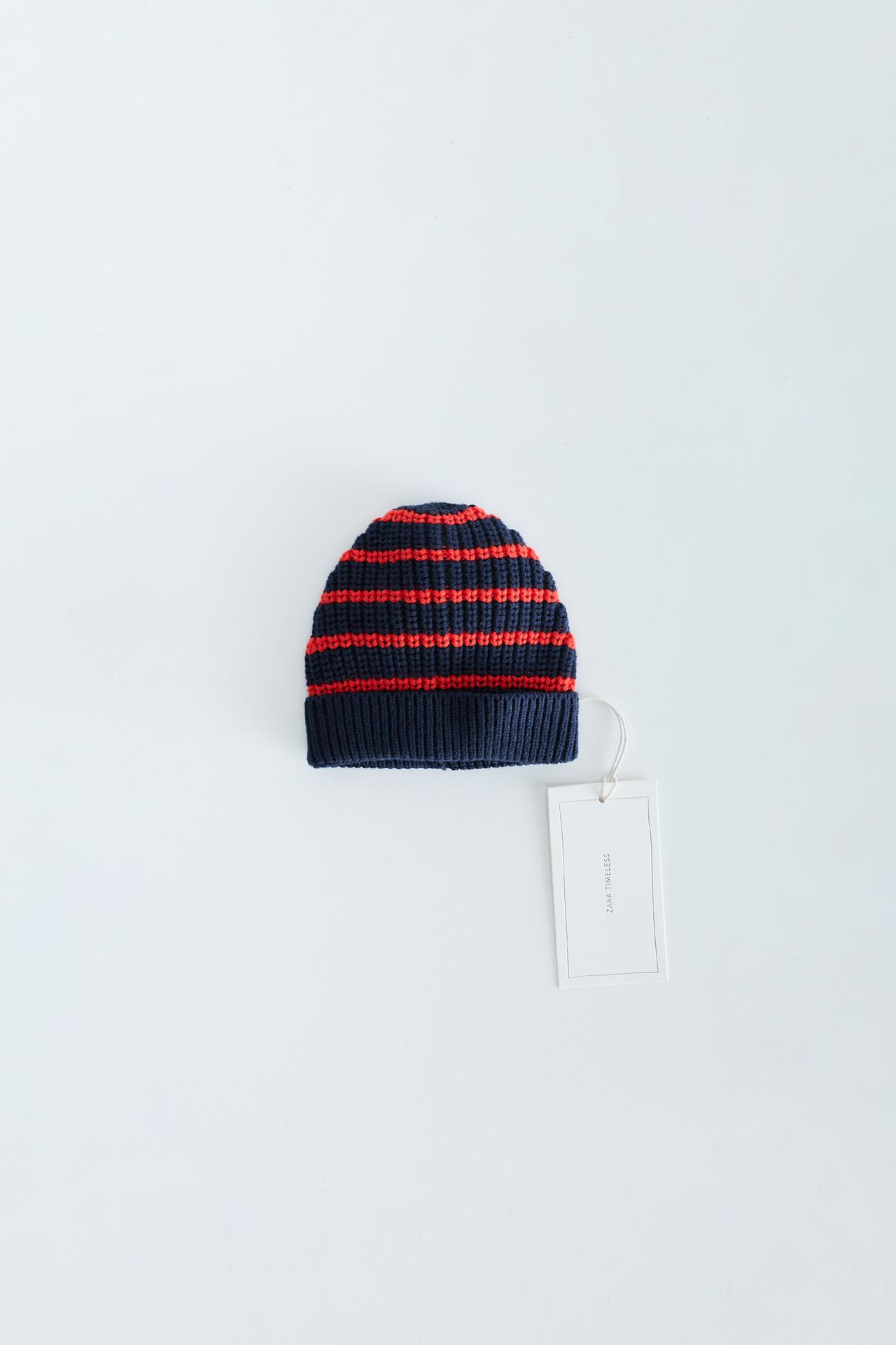 ZARA TIMELESS - COTTON AND WOOL STRIPED BEANIE — Red / Navy