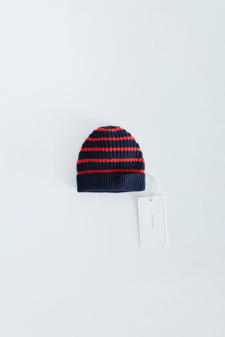 ZARA TIMELESS - COTTON AND WOOL STRIPED BEANIE — Red / Navy