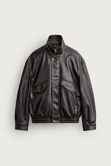 CAZADORA RELAXED FIT EFECTO PIEL - Marrón oscuro de Zara