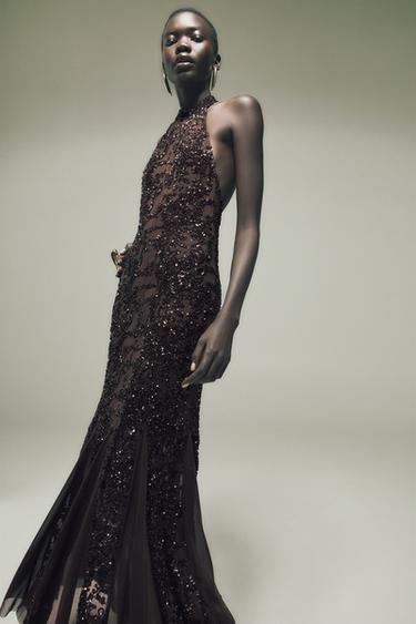 Zara SEQUIN HALTER DRESS - Brown