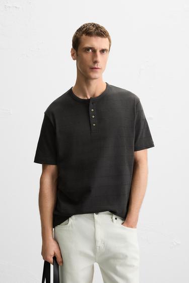Zara STRIPED BUTTON NECK T-SHIRT - Khaki