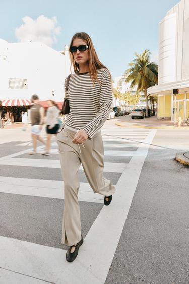 Zara 雙腰帶寬管長褲 - 沙色