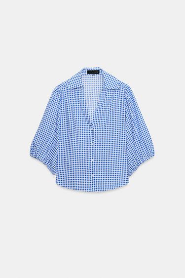 Zara GINGHAM LINEN SHIRT - Ecru / Blue