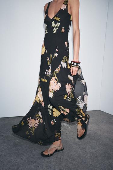 VESTIDO ESTAMPADO FLORES ZW COLLECTION - NEGRO/NARANJA de Zara