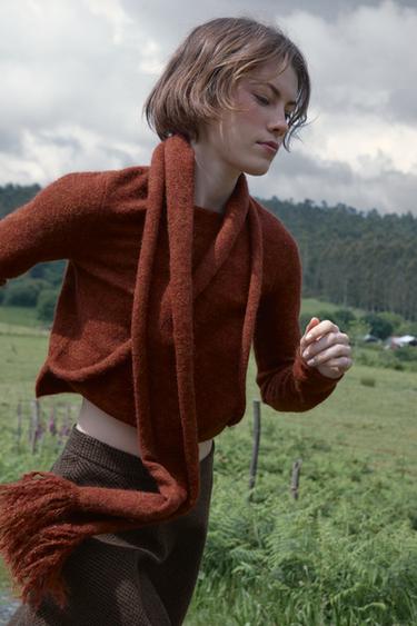 Zara FRINGE SCARF KNIT JUMPER - Brick