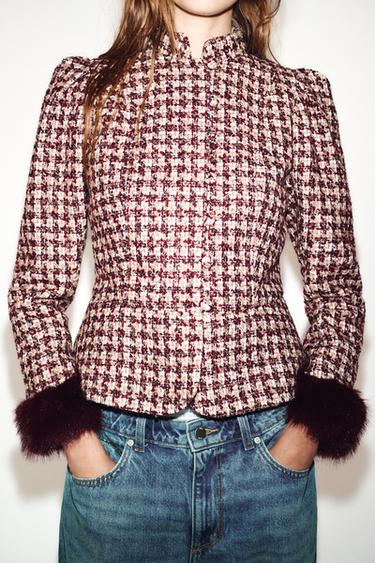 STRUCTURED BLAZER WITH FAUX FUR CUFFS - bordeaux/ecru by Zara - Image 3