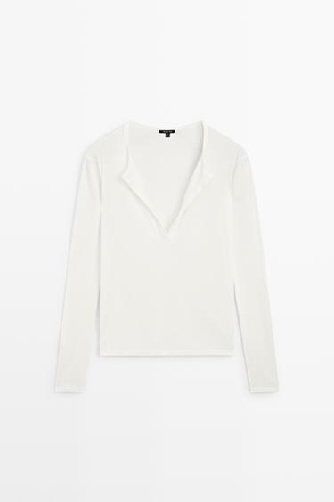 Zara 100% cotton V-neck T-shirt - Ecru - Image 0