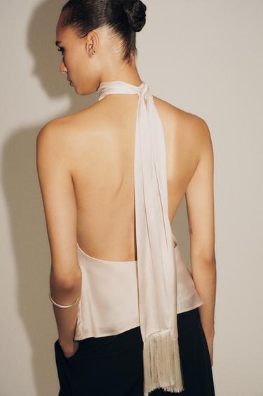 FRINGED SATIN HALTER TOP - Sand by Zara - Image 4