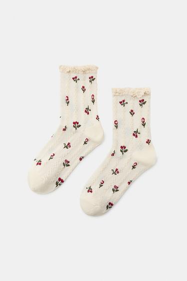 CALCETINES ESTAMPADO FLORES PUNTILLA - Crudo de Zara