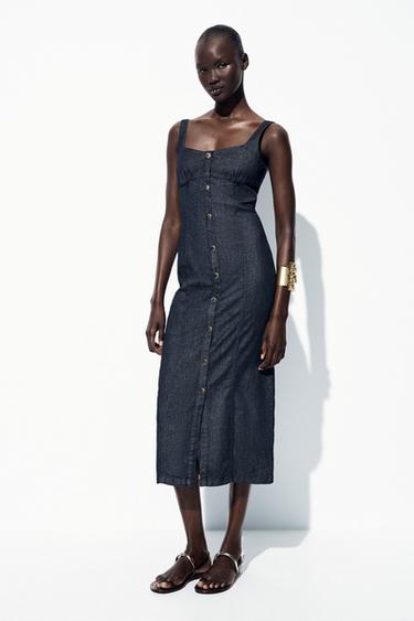 Zara Z1975 STRAPPY DENIM MIDI DRESS - Blue - Image 0