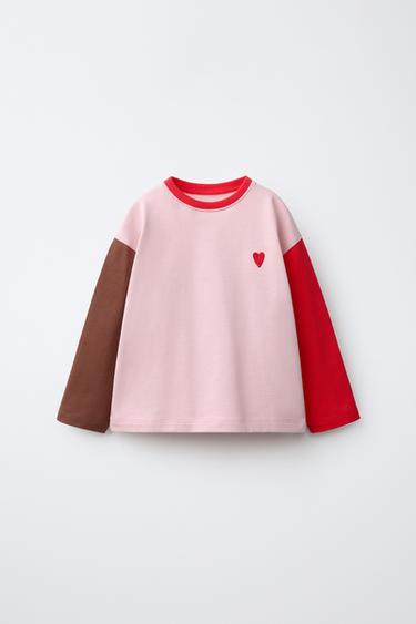 COLOUR BLOCK HEART T-SHIRT - Mid-pink by Zara
