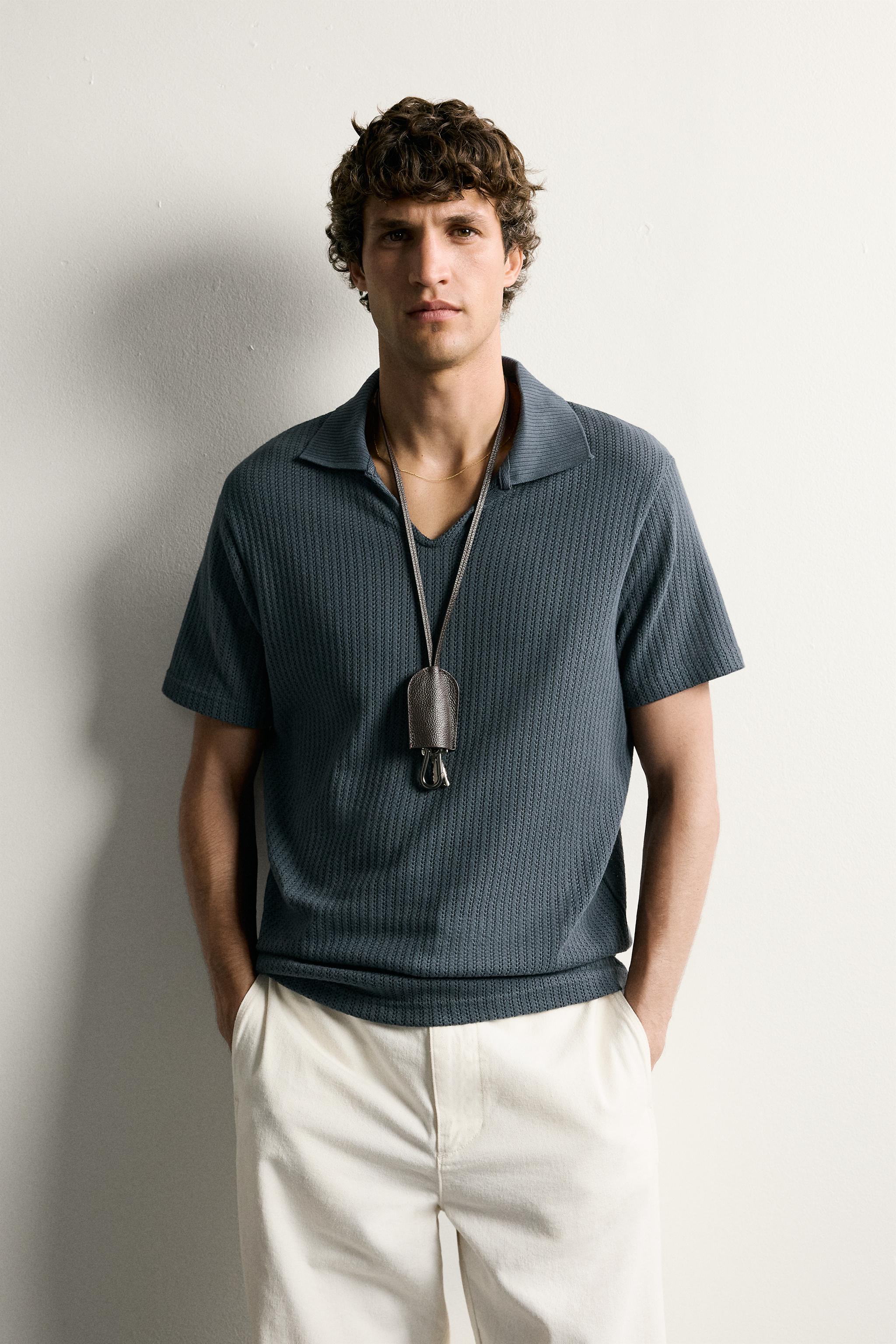 REGULAR FIT OPEN-KNIT POLO — Charcoal gray
