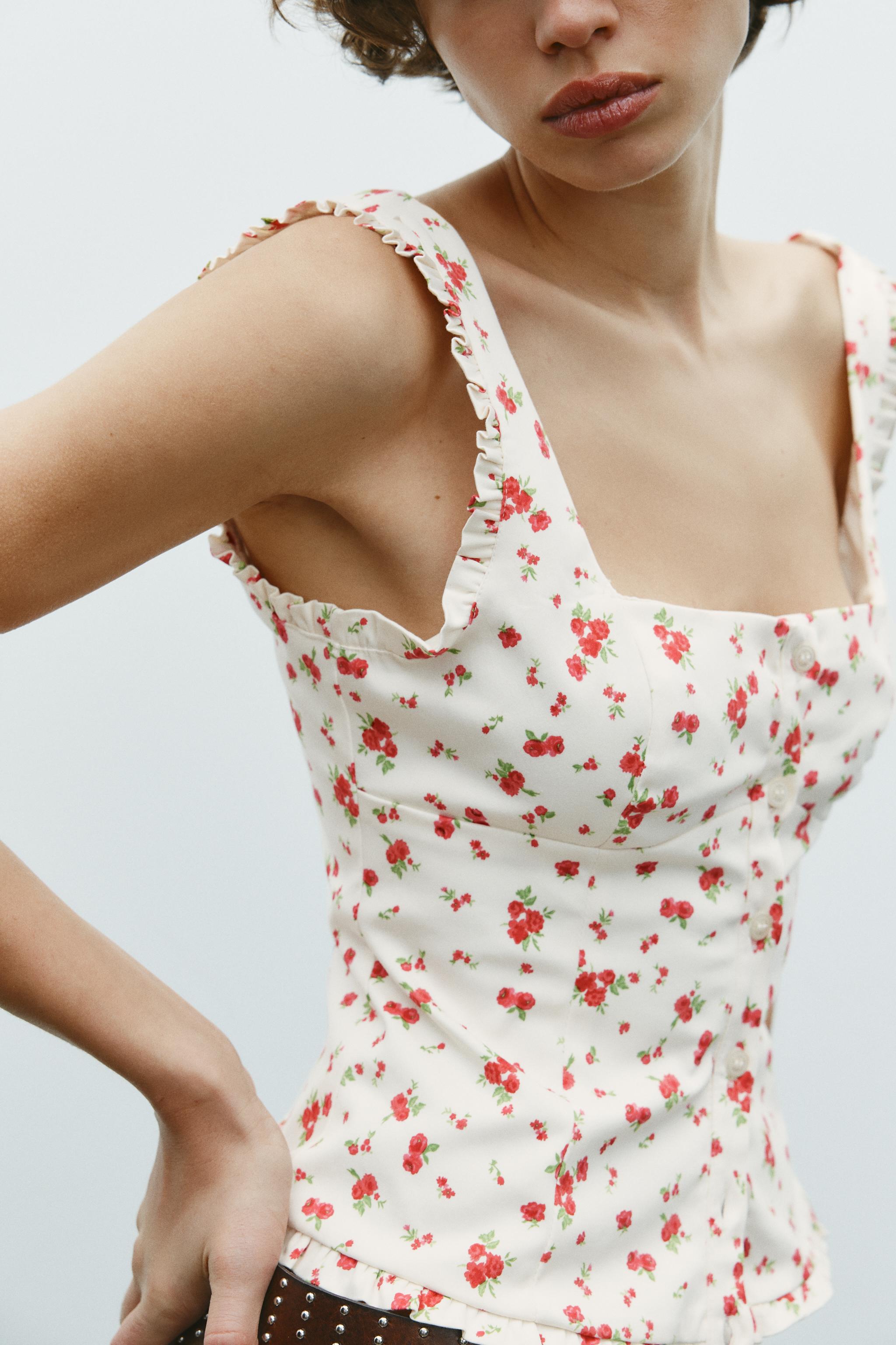 FLORAL STRETCH POPLIN TOP - Ecru / Red | ZARA United States FLORAL STRETCH POPLIN TOP - Ecru / Red | ZARA United States