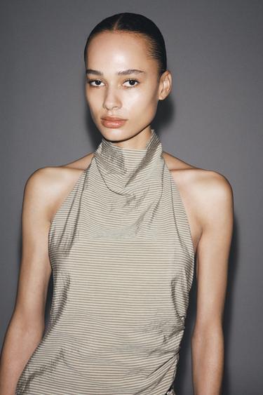 ROBE COURTE HALTER CEINTURE RAYURES - Beige-marron de Zara - Image 1