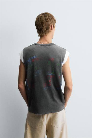 T-SHIRT TANK EN MAILLE LAVÉ IMPRIMÉ - Gris anthracite de Zara - Image 3