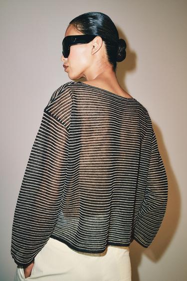 FINE KNIT STRIPED LINEN BLEND JUMPER - Black / Ecru by Zara