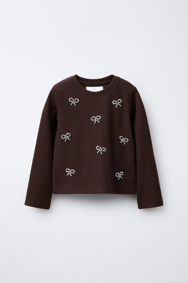 SOFT TOUCH FAUX PEARL BOW T-SHIRT - Brown by Zara - Image 0