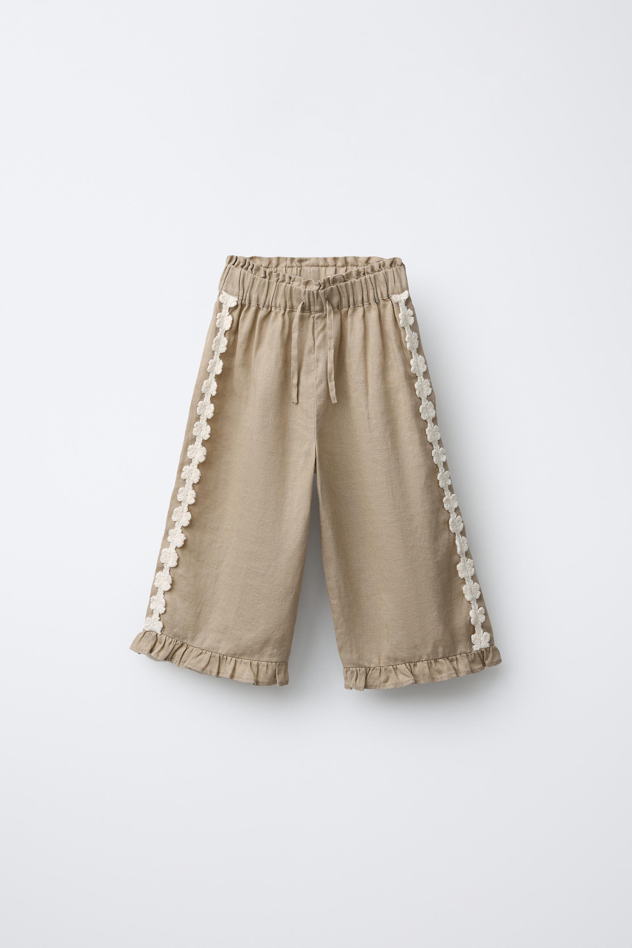 100% LINEN EMBROIDERED FLORAL PANTS - Mink | ZARA United States