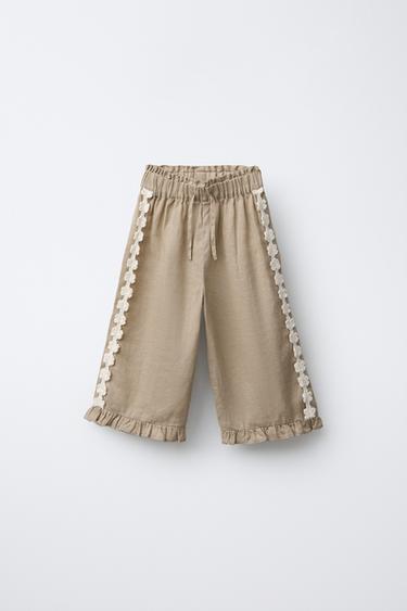 LINEN TROUSERS WITH EMBROIDERED FLOWERS - Mink by Zara