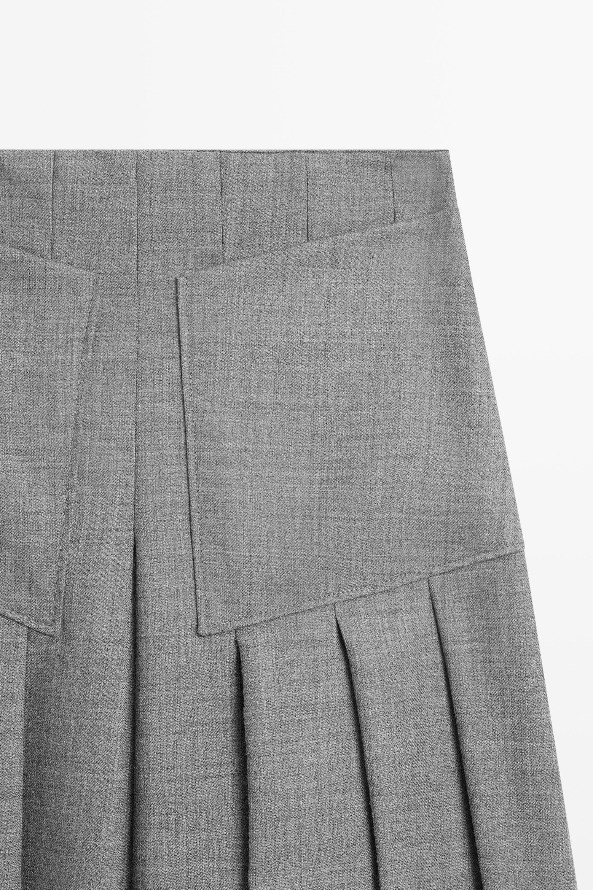 100% Wool Pleated Midi Skirt with Pocket Detail