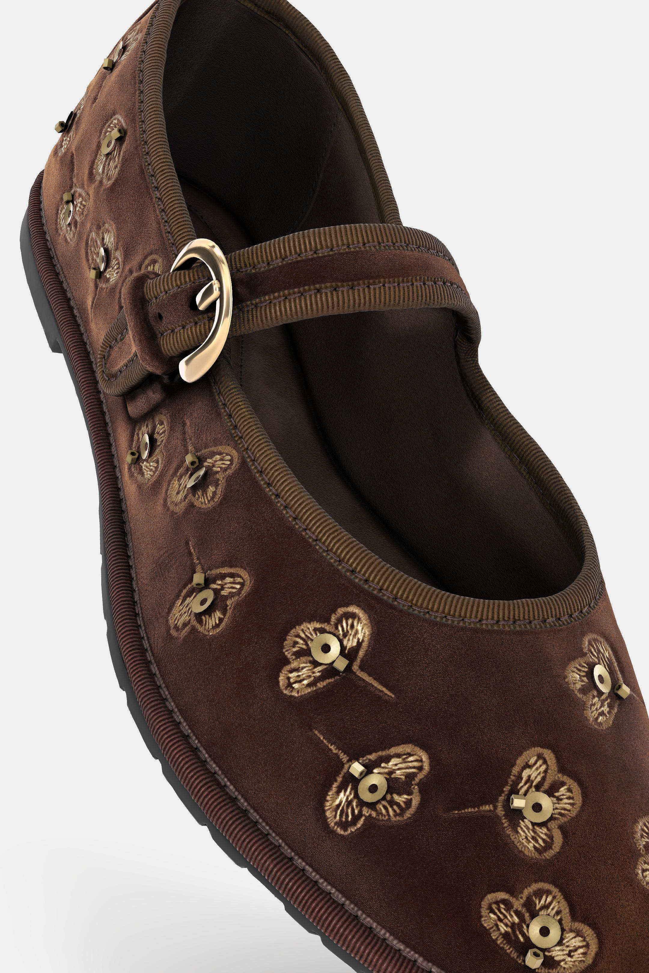 Zara EMBROIDERED VELVET EFFECT BALLET FLATS - Brown
