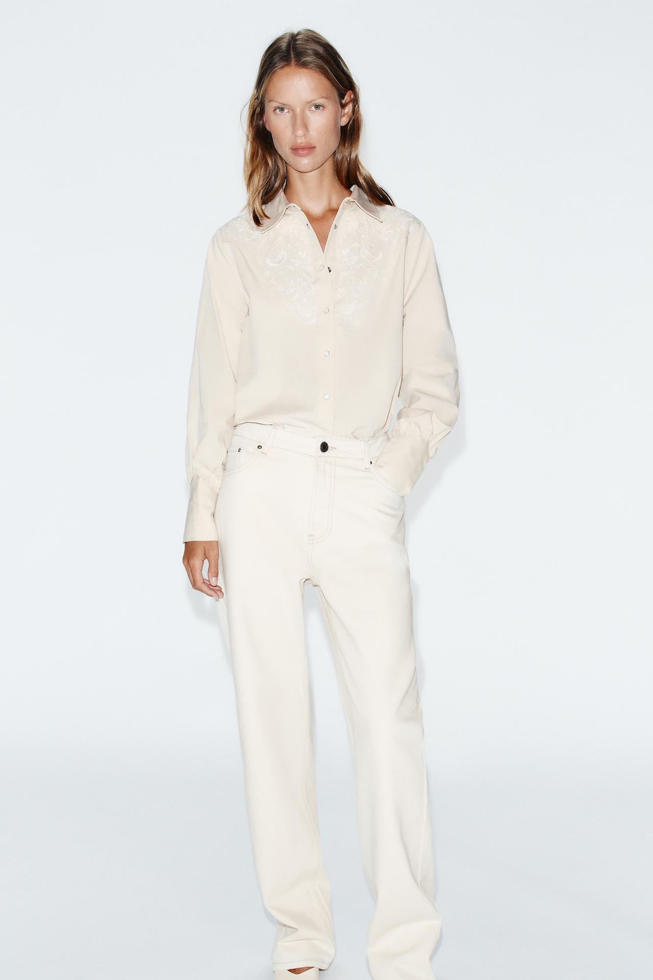 FLORAL EMBROIDERED SHIRT — Ecru