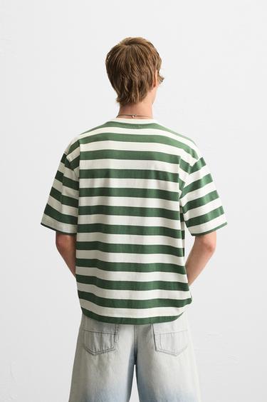 T-SHIRT JACQUARD À RAYURES - Blanc / Vert de Zara - Image 2