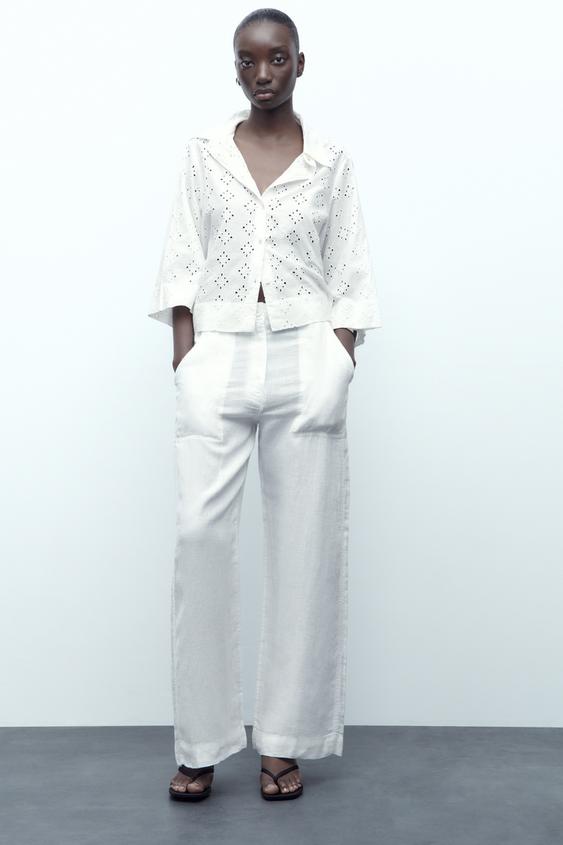 CROPPED SHIRT WITH CUTWORK EMBROIDERY - Oyster-white | ZARA Australia