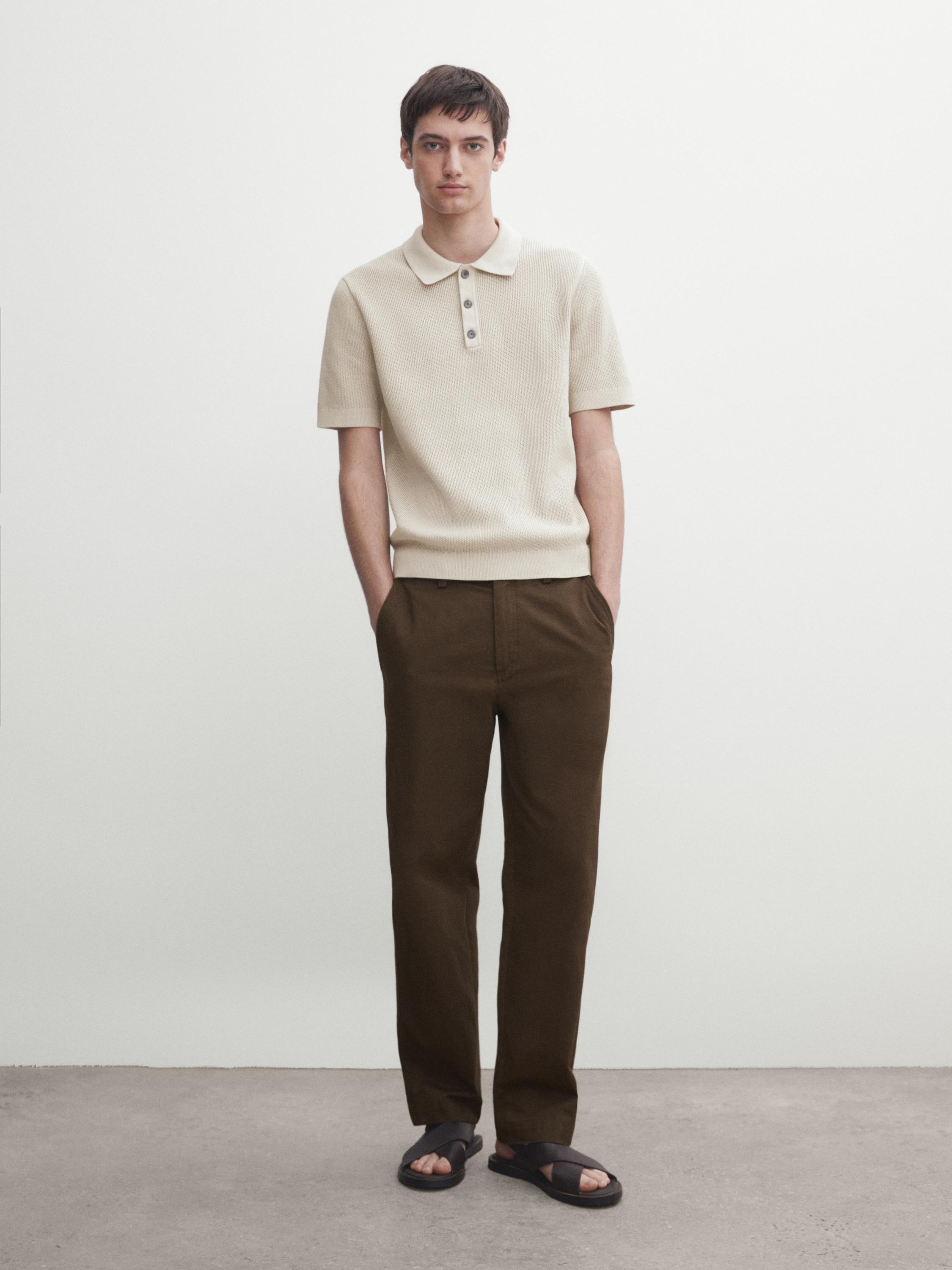 Short sleeve textured knit polo shirt - Ecru / Khaki | ZARA Canada