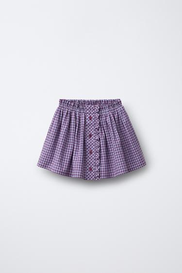 FALDA CUADROS VOLANTES - Berenjena de Zara