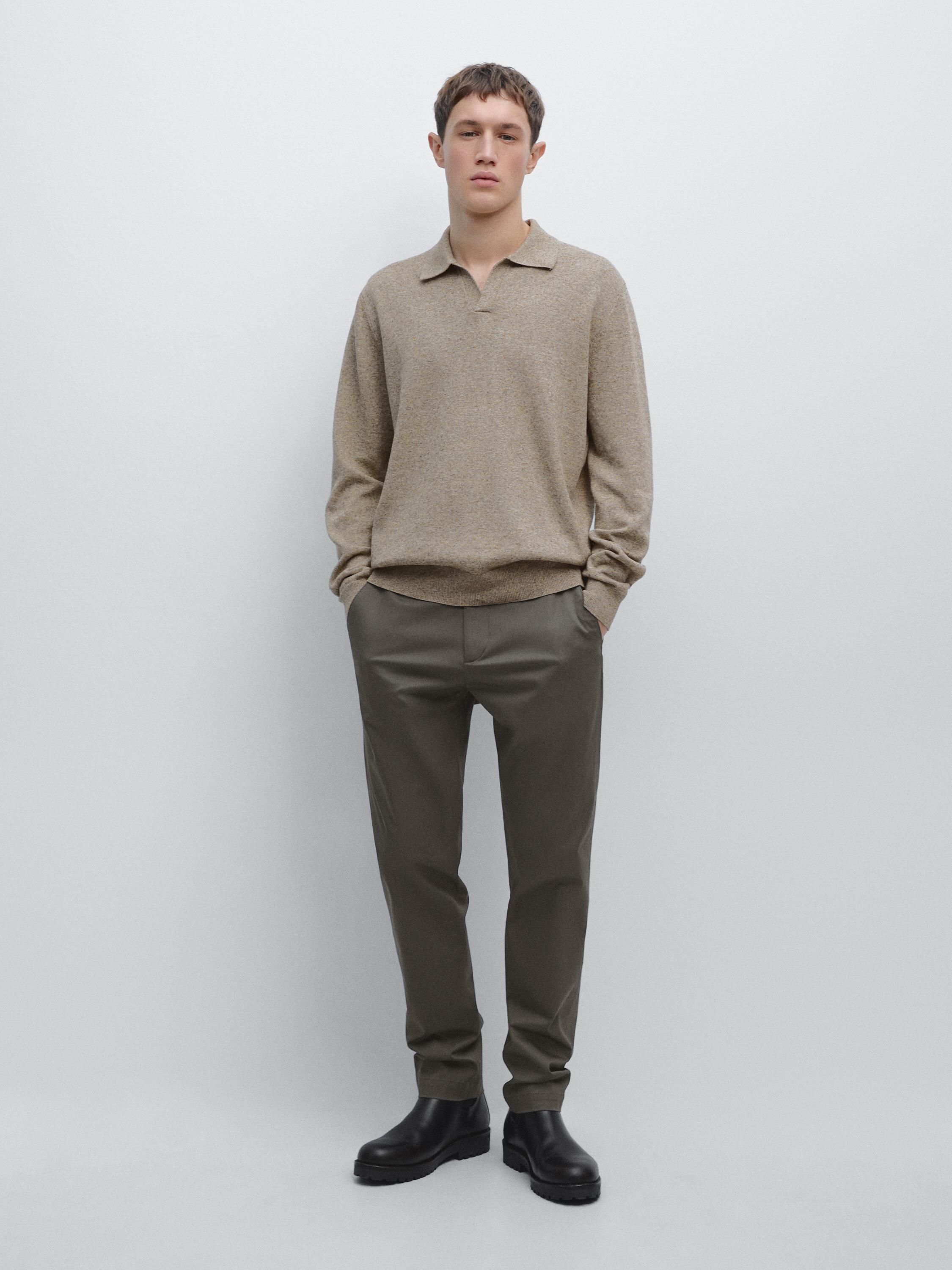 Cotton blend knit polo collar sweater