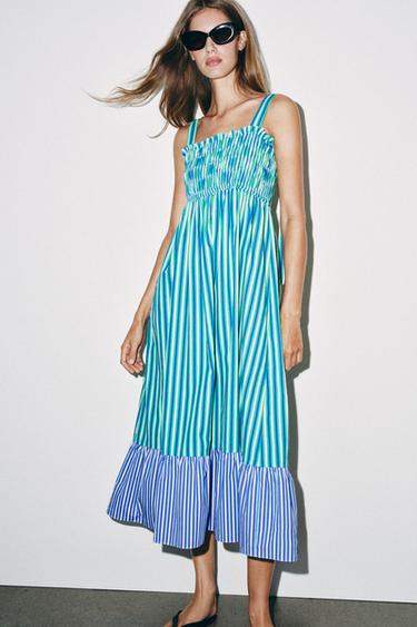 blue and white striped dress zara & ZW COLLECTION STRIPED MIDI DRESS Zara Basic Red White and