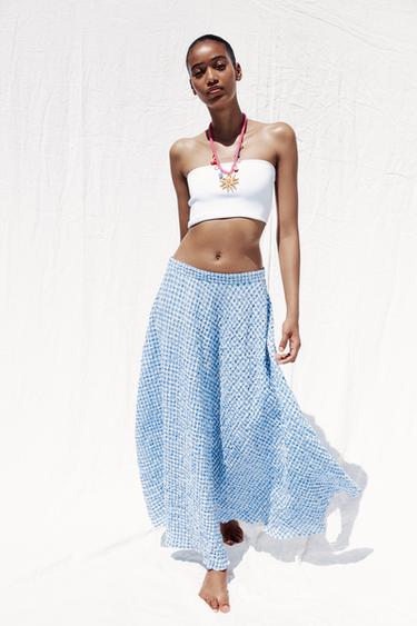 Zara GINGHAM MIDI FLARED SKIRT - Light blue