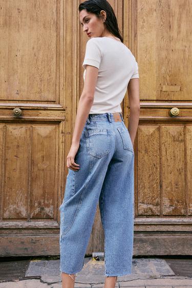 JEAN Z1975 BARREL TAILLE HAUTE COURT À COUTURES - Bleu moyen de Zara - Image 4