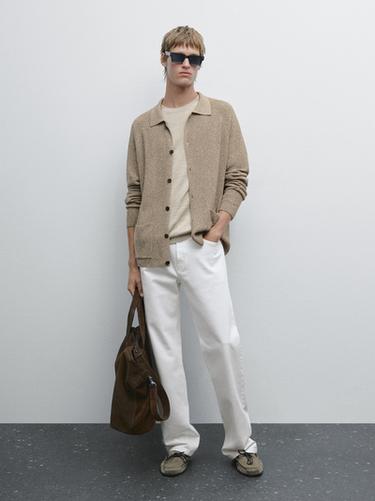 Zara 100% cotton mouliné knit cardigan - Beige marl - Image 0