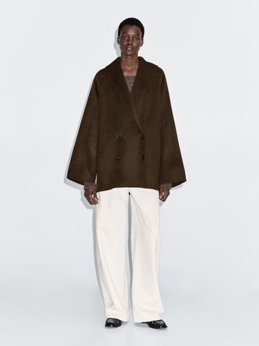 Zara Wool blend double-breasted coat with tuxedo collar - Gray green - Image 0