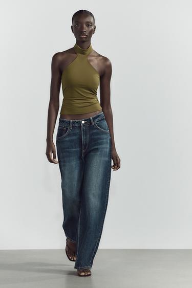 POLYAMIDE HALTER TOP - Olive green by Zara