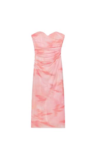 PRINTED STRAPLESS TULLE DRESS