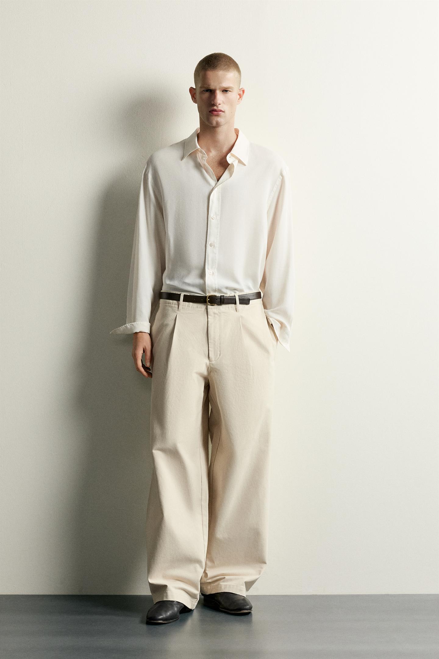 Мужская рубашка Zara Relaxed-Fit Fluid, цвет: Экрю — фото 1