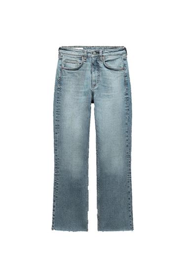 Blue straight-leg jeans with a washed effect and frayed hem on a white background.