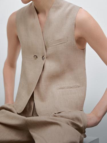 Zara Linen blend multi-stripe waistcoat - Ecru / Khaki