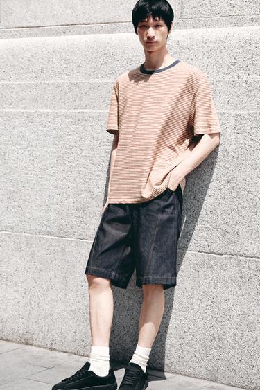 STRIPED T-SHIRT WITH CONTRAST RIB - Ecru / Red by Zara